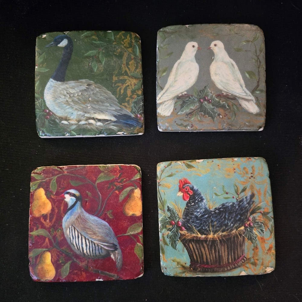Kate McRostie Bird Coasters Set of 4 Goose Dove Partridge Hen Cork Backing 2009